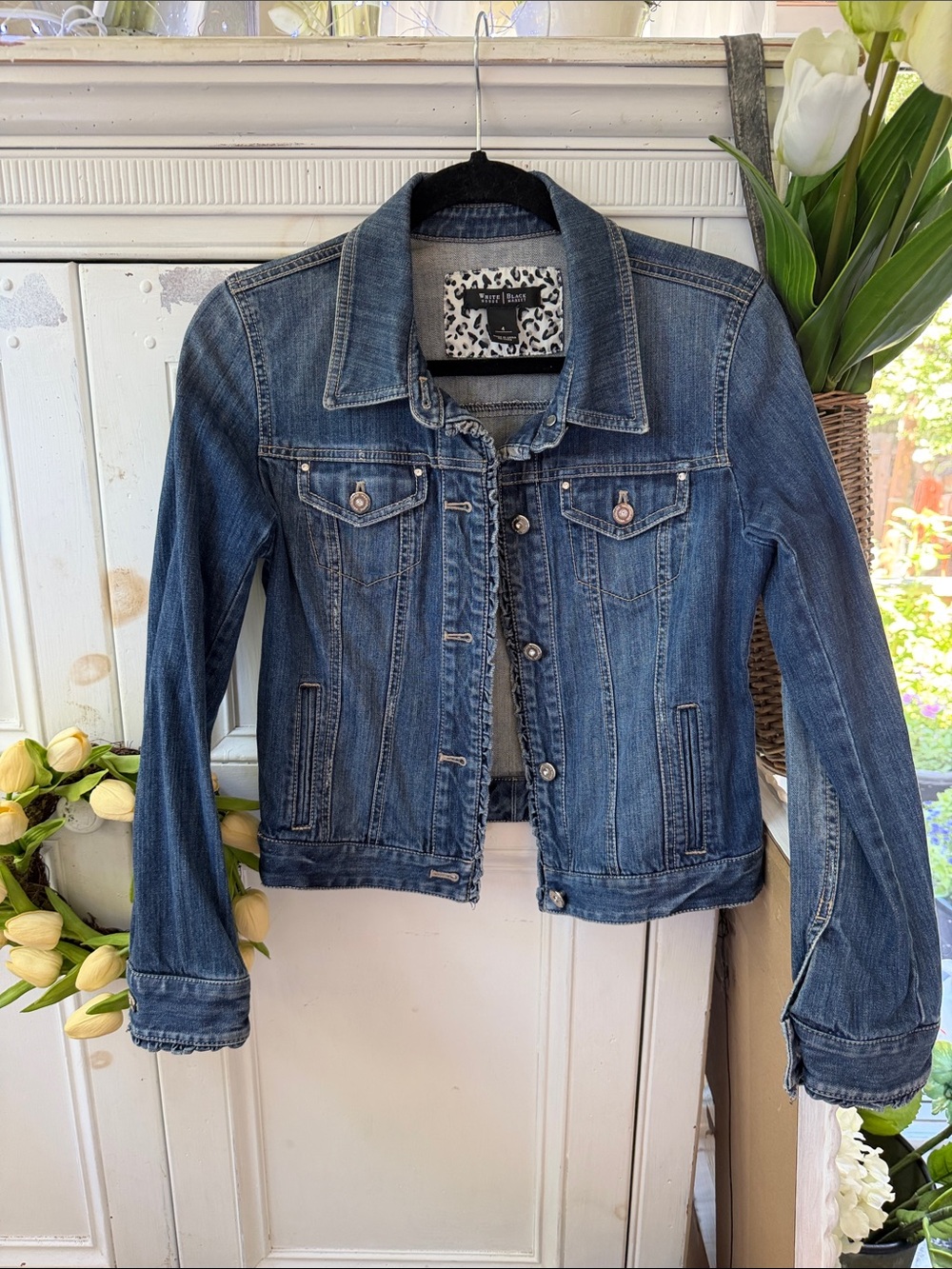 White House Black Market Women's Medium Blue Denim Jean Jacket with ruffle.